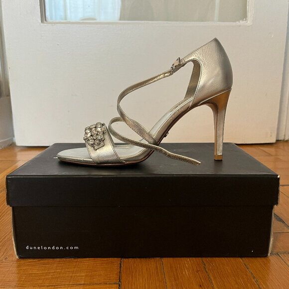 Silver Leather Strappy Heels | Size 39 | Rhinestone Glam Sandals - Picture 10 of 10